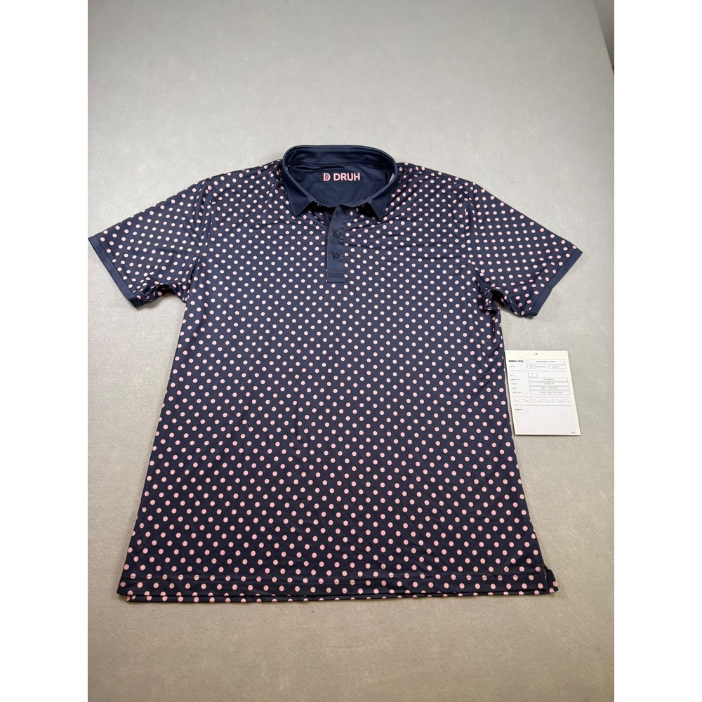 Druh Mens Golf Polo Shirt Navy Blue Pink Polka Dot Performance Short Sleeve L